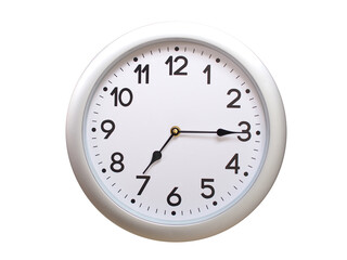 Round Silver Wall Clock Showing 07:15 or 19:15 Isolated-White. Useful for concepts like noon, midnight, deadline, countdown, or time management.
