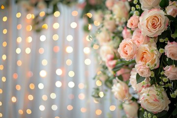 Elegant wedding arch with pastel roses and peonies, soft glowing fairy lights in background, dreamy bokeh effect, neutral blur background.