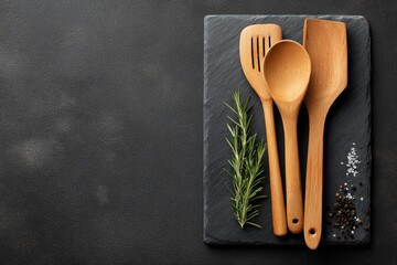 Flatlay of three wooden cooking utensils, rosemary sprig, salt, and peppercorns on a dark slate serving board against a dark background