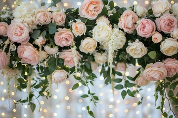 Elegant wedding arch with pastel roses and peonies, soft glowing fairy lights in background, dreamy bokeh effect, neutral blur background.