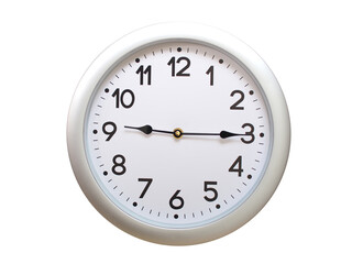 Round Silver Wall Clock Showing 09:15 or 21:15 Isolated-White. Useful for concepts like noon, midnight, deadline, countdown, or time management.