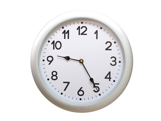 Round Silver Wall Clock Showing 09:25 or 21:25 Isolated-White. Useful for concepts like noon, midnight, deadline, countdown, or time management.