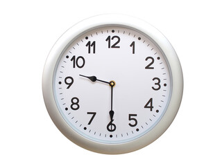 Round Silver Wall Clock Showing 09:30 or 21:30 Isolated-White. Useful for concepts like noon,...