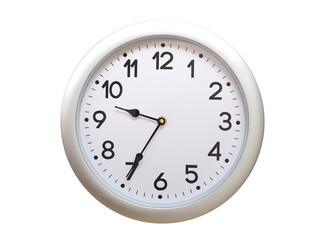 Round Silver Wall Clock Showing 09:35 or 21:35 Isolated-White. Useful for concepts like noon, midnight, deadline, countdown, or time management.