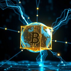 "A golden blockchain cube network connecting through the digital globe, with financial data flowing around, modern fintech concept, glowing blue lines, high detail, 4K render"

