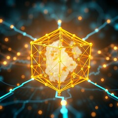 "A golden blockchain cube network connecting through the digital globe, with financial data flowing around, modern fintech concept, glowing blue lines, high detail, 4K render"

