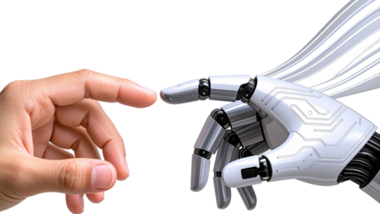 A human hand and a robotic hand reaching towards each other suggest a connection between humanity and technology on transparent background.