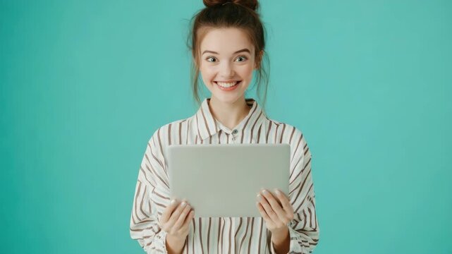 A young woman with her mouth open in an expression of surprise while holding a blank tablet, suggesting an unexpected or creative start to a project.