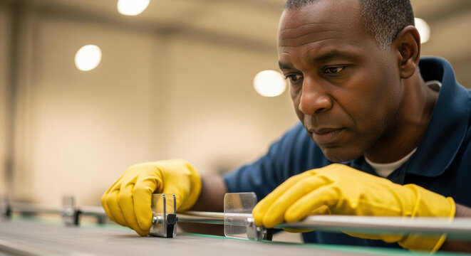 Focused technician in yellow gloves precisely measuring metal bar with caliper tool in industrial workshop environment
