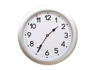 Round Silver Wall Clock Showing 01:35 or 13:35 Isolated-White. Useful for concepts like noon, midnight, deadline, countdown, or time management.
