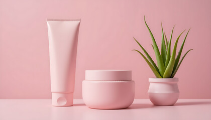 Pink Skincare Products Mockup with Aloe Vera Plant - Natural Beauty Set
