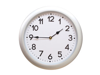 Round Silver Wall Clock Showing 01:45 or 13:45 Isolated-White. Useful for concepts like noon, midnight, deadline, countdown, or time management.
