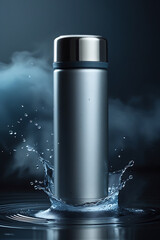Stainless Steel Insulated Water Bottle Mockup with Water Splash - Product Shot