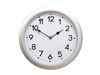Round Silver Wall Clock Showing 01:50 or 13:50 Isolated-White. Useful for concepts like noon, midnight, deadline, countdown, or time management.