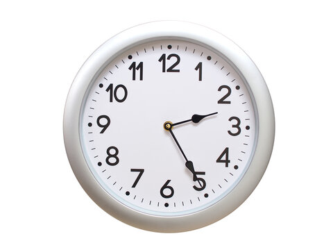 Round Silver Wall Clock Showing 02:25 or 14:25 Isolated-White. Useful for concepts like noon, midnight, deadline, countdown, or time management.