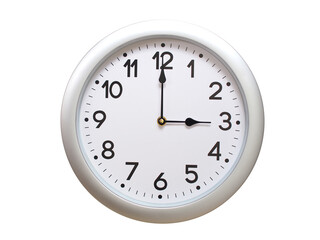 Round Silver Wall Clock Showing 03:00 or 15:00 Isolated-White. Useful for concepts like noon,...