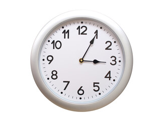 Round Silver Wall Clock Showing 03:05 or 15:05 Isolated-White. Useful for concepts like noon, midnight, deadline, countdown, or time management.