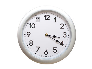 Round Silver Wall Clock Showing 03:20 or 15:20 Isolated-White. Useful for concepts like noon, midnight, deadline, countdown, or time management.