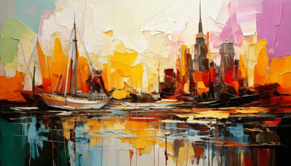 Abstract painting of a city landscape by the river