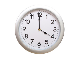 Round Silver Wall Clock Showing 04:00 or 16:00 Isolated-White. Useful for concepts like noon, midnight, deadline, countdown, or time management.