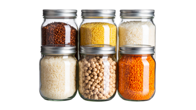 Five glass jars with metal lids filled with rice, red lentils, chickpeas, millet, and various beans on transparent background. - Powered by Adobe