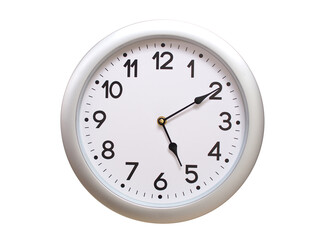 Round Silver Wall Clock Showing 05:10 or 17:10 Isolated-White. Useful for concepts like noon,...