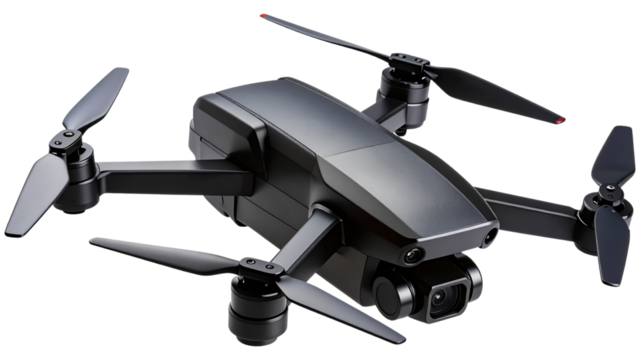 A modern quadcopter drone with four propellers and a sleek black design on transparent background.