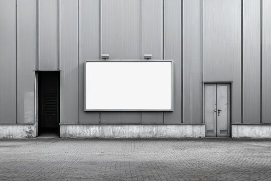Fototapeta A blank billboard mounted on a corrugated metal wall between two doors, all in monochrome