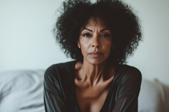 Senior woman with stylish afro hair sitting on bed in a modern bedroom during daylight, Senior woman with stylish afro hair sitting on bed with serious expression Cinematic - Powered by Adobe