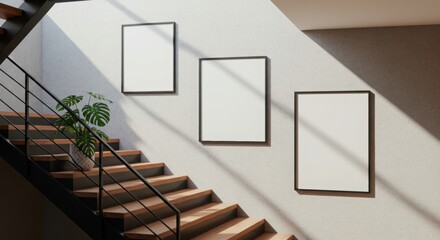 Modern stairway with a three-frame gallery wall mockup