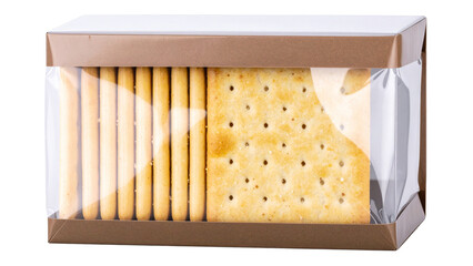 A package of salted crackers neatly stacked in brown and transparent wrapping on transparent background.