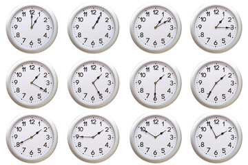 A set of 12 Round Silver Wall Clocks Showing 01:00 to 01:55 or 13:00 to 13:55 Isolated-White....