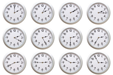A set of 12 Round Silver Wall Clocks Showing 02:00 to 02:55 or 14:00 to 14:55 Isolated-White....
