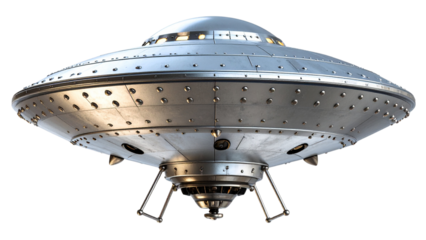 Silver metallic UFO-shaped object with a smooth, shiny surface and intricate detailing on transparent background.