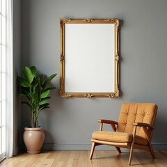 Empty ornate wooden frames on modern wall, luxury room , elegant, white, showcase