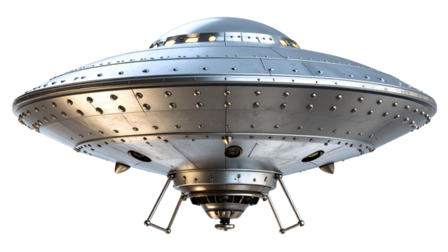 Silver metallic UFO-shaped object with a smooth, shiny surface and intricate detailing on transparent background.