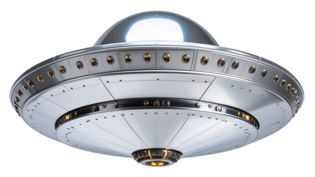 Silver metallic UFO-shaped object with a smooth, shiny surface and intricate detailing on transparent background.