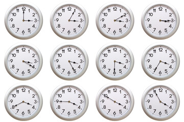 A set of 12 Round Silver Wall Clocks Showing 03:00 to 03:55 or 15:00 to 15:55 Isolated-White....