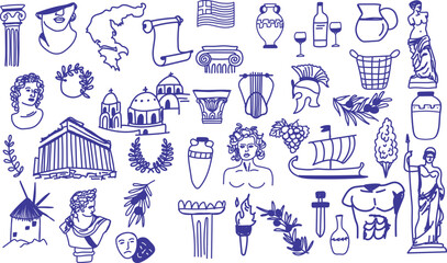 Hand-drawn ancient Greece doodle vector set with statues, temples, columns, laurel, amphorae, wine, masks, and mythology. Ideal for historical projects, classical art, museum themes, or education.