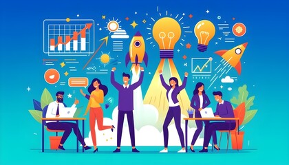 This vibrant illustration depicts a dynamic business and innovation scene against a gradient blue background.