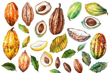 Watercolor Cocoa Fruit Collection Isolated Hand Drawn Exotic Cacao Plants
