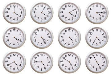 A set of 12 Round Silver Wall Clocks Showing 04:00 to 04:55 or 16:00 to 16:55 Isolated-White. Useful for concepts like noon, midnight, deadline, countdown, or time management.