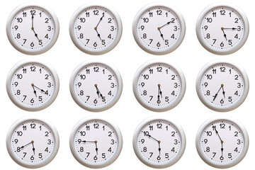 A set of 12 Round Silver Wall Clocks Showing 05:00 to 05:55 or 17:00 to 17:55 Isolated-White....