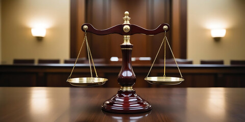 A wooden balance scale symbolizes justice