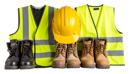 Work safety clothing including high visibility vest, leather gloves, boots and yellow hard hat are arranged on a transparent background, emphasizing workplace safety and protection 