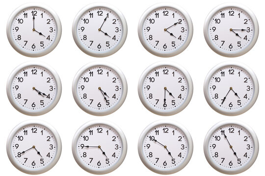 A set of 12 Round Silver Wall Clocks Showing 04:00 to 04:55 or 16:00 to 16:55 Isolated-White. Useful for concepts like noon, midnight, deadline, countdown, or time management.