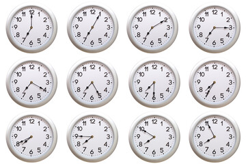 A set of 12 Round Silver Wall Clocks Showing 07:00 to 07:55 or 19:00 to 19:55 Isolated-White....