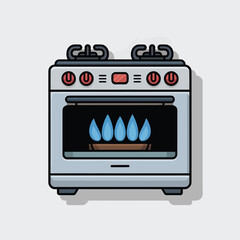 Fototapeta premium Flat Design Gas Stove Icon Light Gray Blue Flames oven