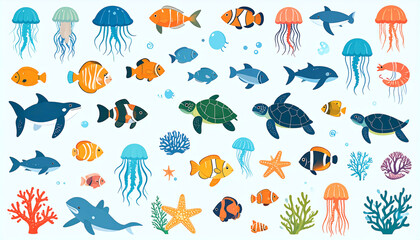 Obraz premium Vibrant illustration featuring diverse marine life, including various fish, jellyfish, sea turtles, sharks, coral, and starfish, set against a light blue background