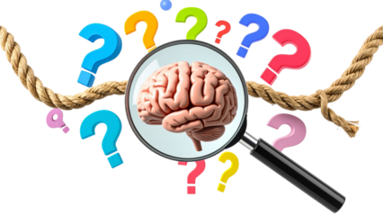 Magnifying glass is inspecting various question marks, a brain, and a rope, all floating against a transparent background, symbolizing problem solving and thinking process 